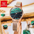 OLEVS Damen Schöne Mini Quarz Armbanduhr Damen Stahluhren Saphirblau Gold Stahlgewebe Ultradünne Uhren zum Ankleiden